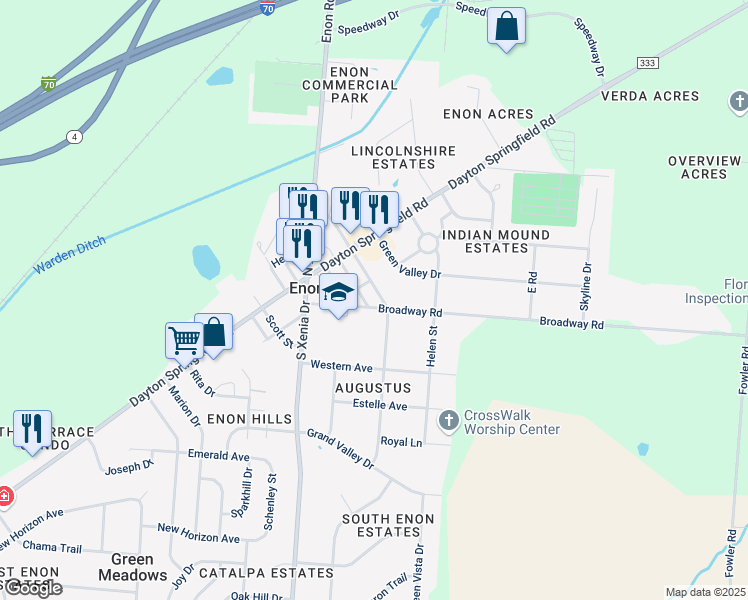 map of restaurants, bars, coffee shops, grocery stores, and more near 79 North Harrison Street in Enon