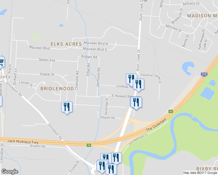 map of restaurants, bars, coffee shops, grocery stores, and more near 2415 Lindsay Road in Obetz