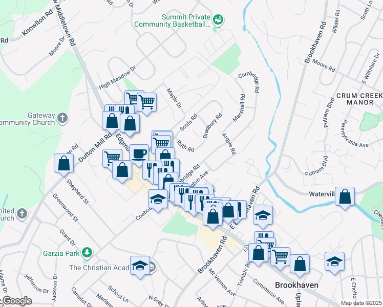 map of restaurants, bars, coffee shops, grocery stores, and more near 48 Ruth Road in Brookhaven