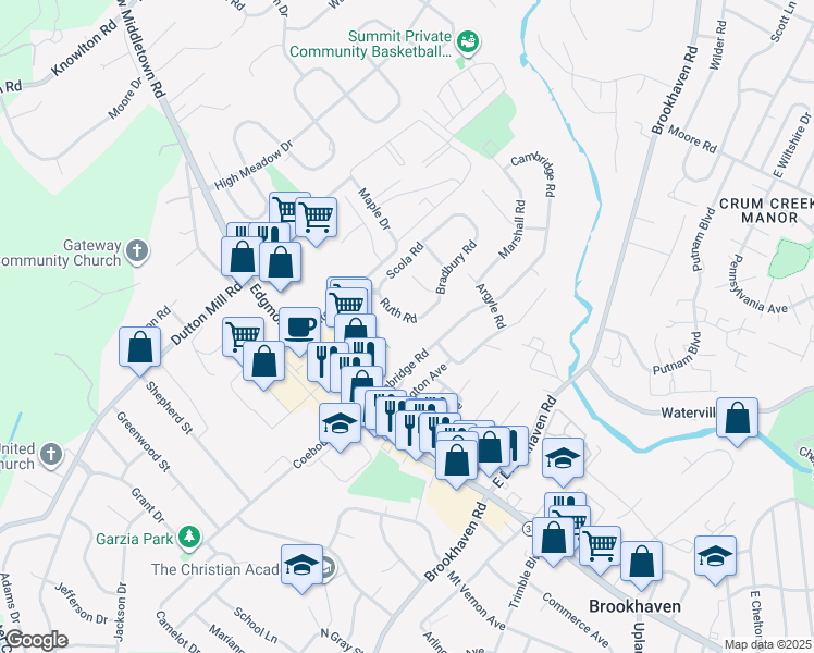 map of restaurants, bars, coffee shops, grocery stores, and more near 48 Ruth Road in Brookhaven