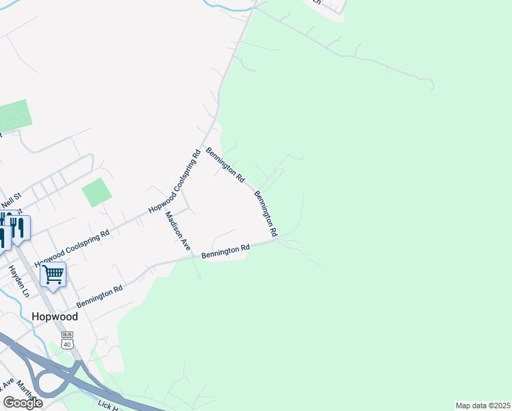 map of restaurants, bars, coffee shops, grocery stores, and more near 289 Bennington Rd in Hopwood