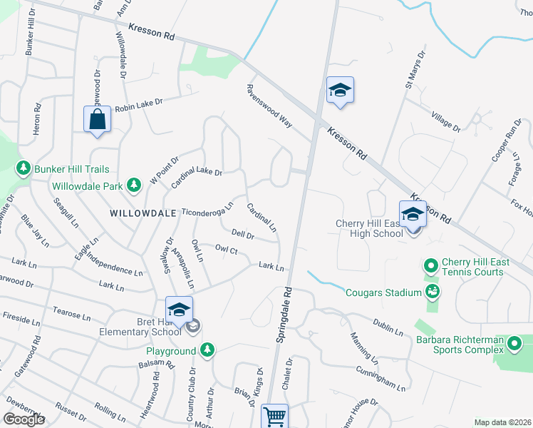 map of restaurants, bars, coffee shops, grocery stores, and more near 1041 Cardinal Ln in Cherry Hill