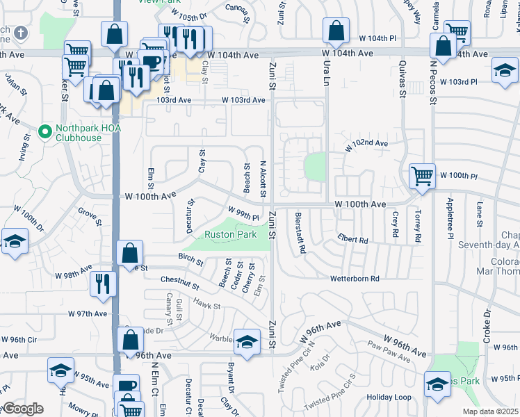 map of restaurants, bars, coffee shops, grocery stores, and more near 2519 West 99th Place in Federal Heights