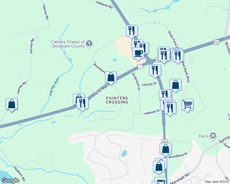 map of restaurants, bars, coffee shops, grocery stores, and more near 1509 Painters Crossing in Chadds Ford