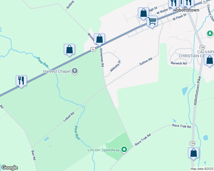 map of restaurants, bars, coffee shops, grocery stores, and more near 180 Kinneman Road in Abbottstown