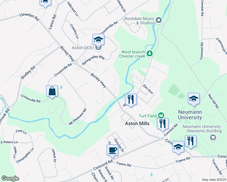 map of restaurants, bars, coffee shops, grocery stores, and more near 15 Hoag Lane in Aston