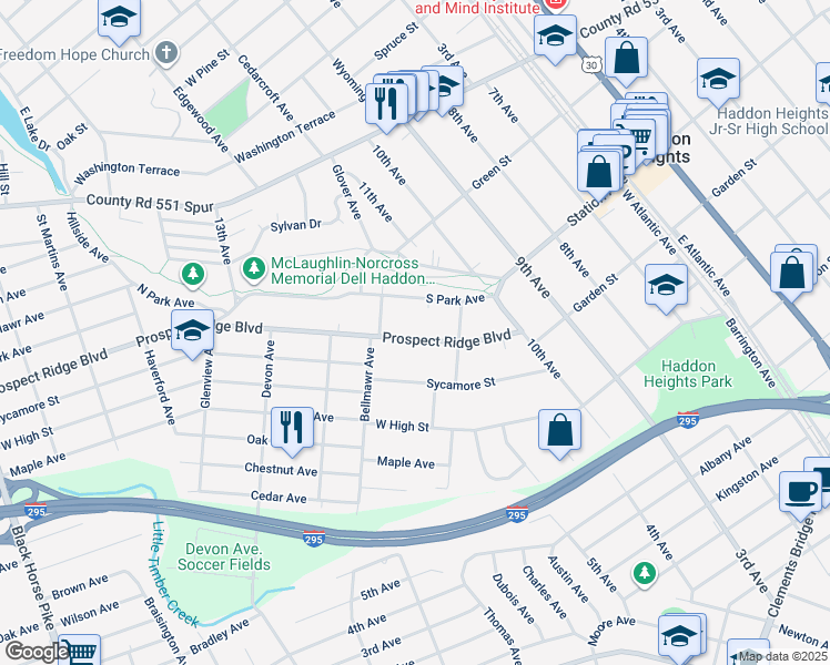 map of restaurants, bars, coffee shops, grocery stores, and more near in Haddon Heights