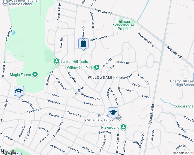 map of restaurants, bars, coffee shops, grocery stores, and more near 1820 West Point Drive in Cherry Hill