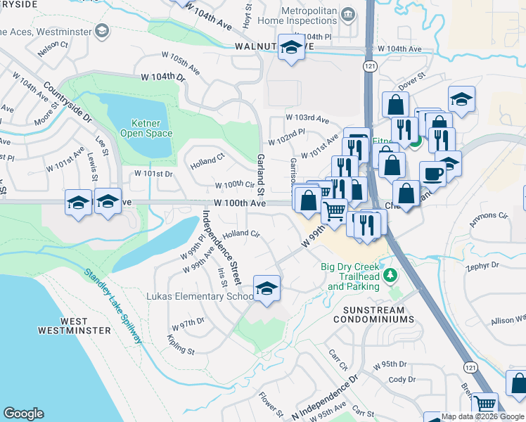 map of restaurants, bars, coffee shops, grocery stores, and more near 9950 Garland Lane in Westminster