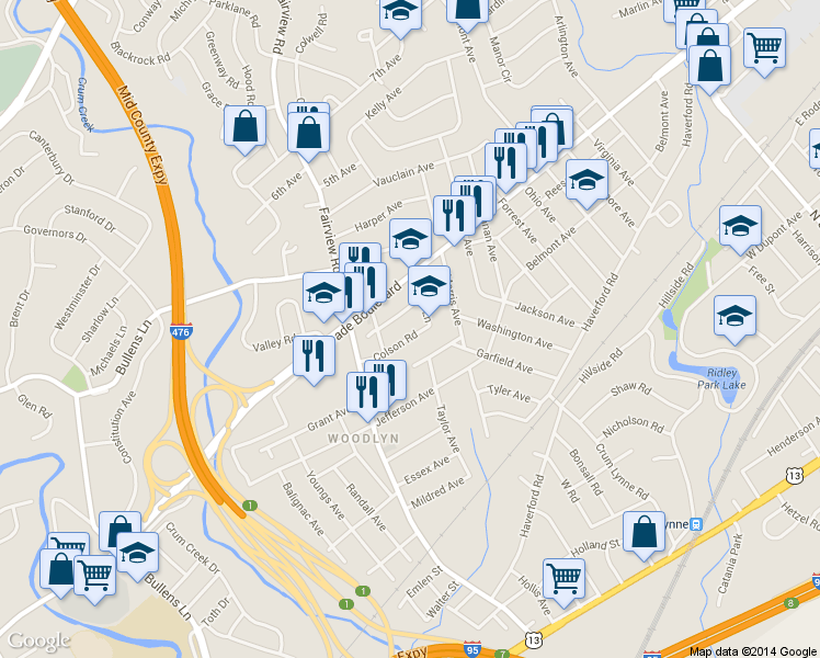 map of restaurants, bars, coffee shops, grocery stores, and more near 1213 Colson Rd in Woodlyn
