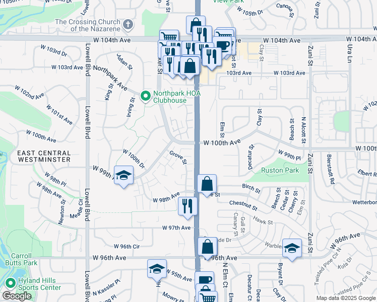 map of restaurants, bars, coffee shops, grocery stores, and more near 9934 Grove Street in Westminster