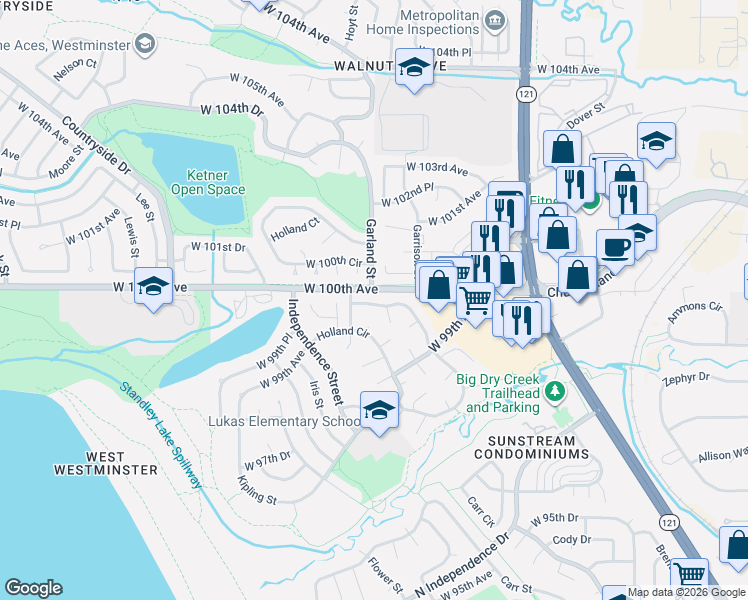 map of restaurants, bars, coffee shops, grocery stores, and more near 9950 Garland Lane in Westminster