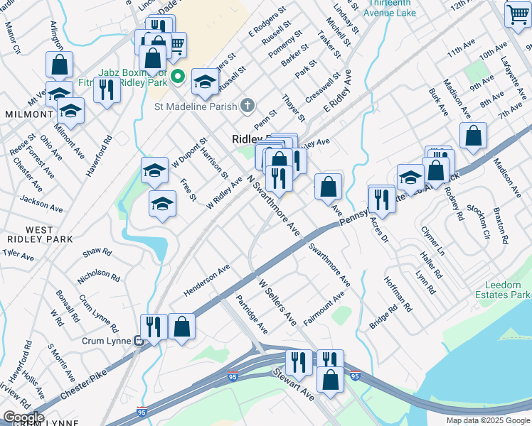 map of restaurants, bars, coffee shops, grocery stores, and more near 15 West Sellers Avenue in Ridley Park