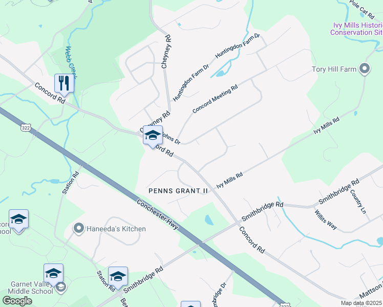 map of restaurants, bars, coffee shops, grocery stores, and more near 547 Concord Road in Glen Mills