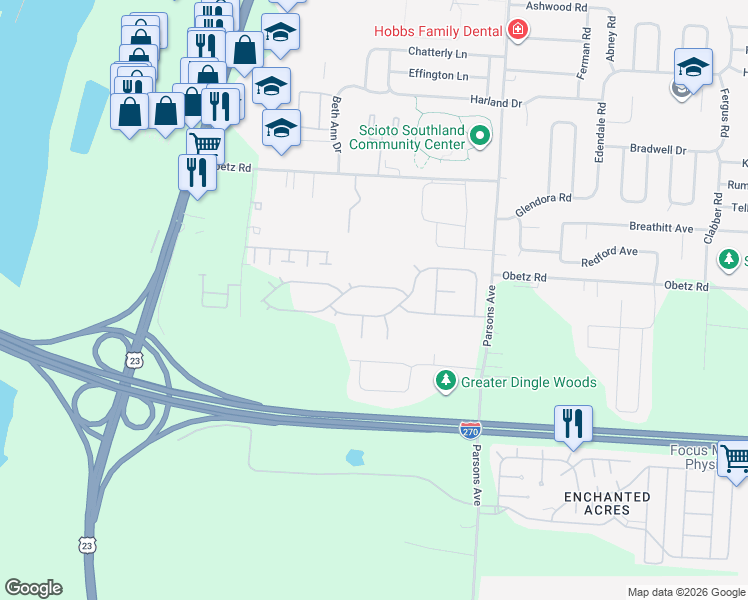 map of restaurants, bars, coffee shops, grocery stores, and more near 300 Chambersburg Road in Columbus