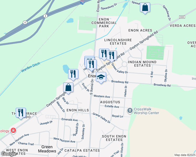 map of restaurants, bars, coffee shops, grocery stores, and more near 95 South Pleasant Street in Enon