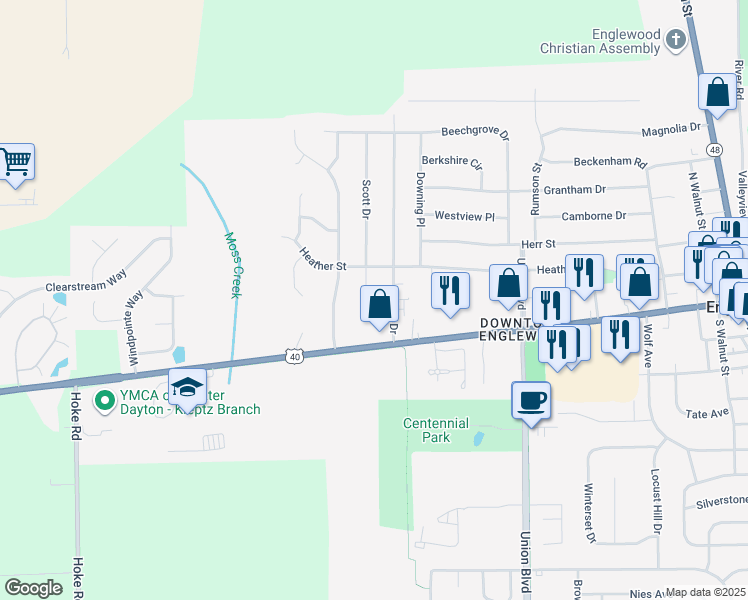 map of restaurants, bars, coffee shops, grocery stores, and more near 100 Scott Drive in Englewood
