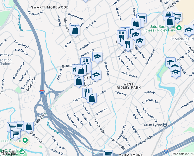map of restaurants, bars, coffee shops, grocery stores, and more near 1213 Colson Road in Woodlyn