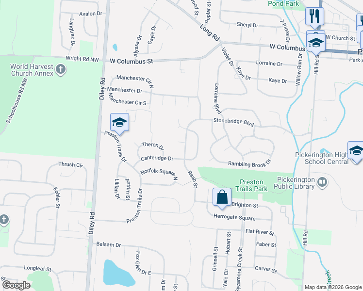 map of restaurants, bars, coffee shops, grocery stores, and more near 505 Chatham Court in Pickerington