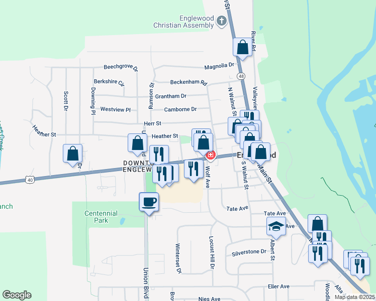 map of restaurants, bars, coffee shops, grocery stores, and more near 333 West National Road in Englewood