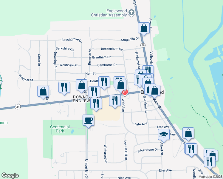map of restaurants, bars, coffee shops, grocery stores, and more near 333 West National Road in Englewood