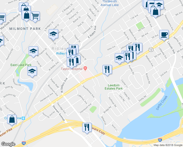 map of restaurants, bars, coffee shops, grocery stores, and more near 6 Morton Avenue in Ridley Park