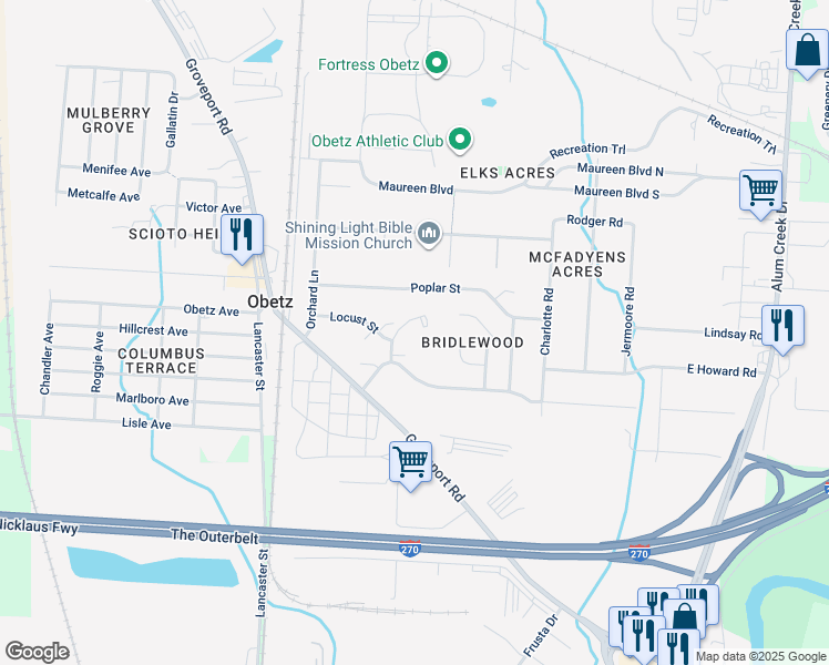 map of restaurants, bars, coffee shops, grocery stores, and more near 4394 Thelma Drive in Columbus