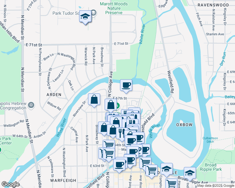 map of restaurants, bars, coffee shops, grocery stores, and more near 760 East 67th Street in Indianapolis