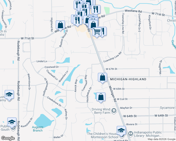 map of restaurants, bars, coffee shops, grocery stores, and more near 6655 Townsend Way in Indianapolis