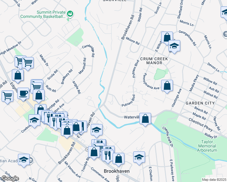 map of restaurants, bars, coffee shops, grocery stores, and more near 1171 Putnam Boulevard in Nether Providence Township
