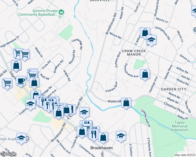 map of restaurants, bars, coffee shops, grocery stores, and more near 1175 Putnam Boulevard in Delaware County