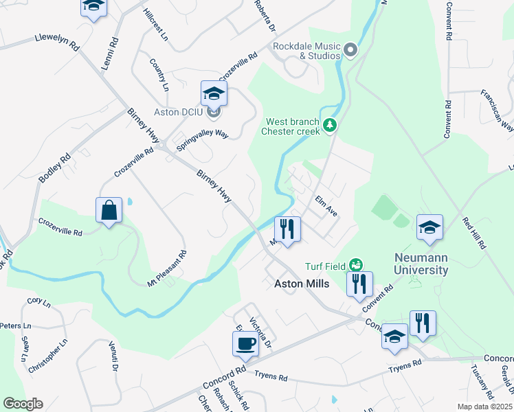 map of restaurants, bars, coffee shops, grocery stores, and more near 15 Hoag Lane in Aston