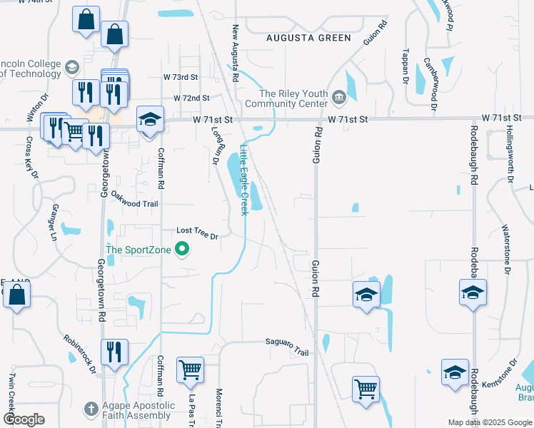 map of restaurants, bars, coffee shops, grocery stores, and more near 6648 Deep Run Court in Indianapolis