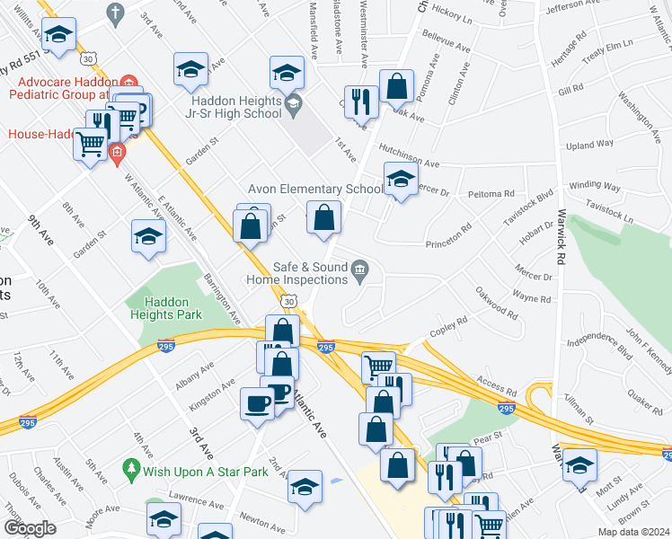 map of restaurants, bars, coffee shops, grocery stores, and more near 232 Highland Avenue in Haddon Heights