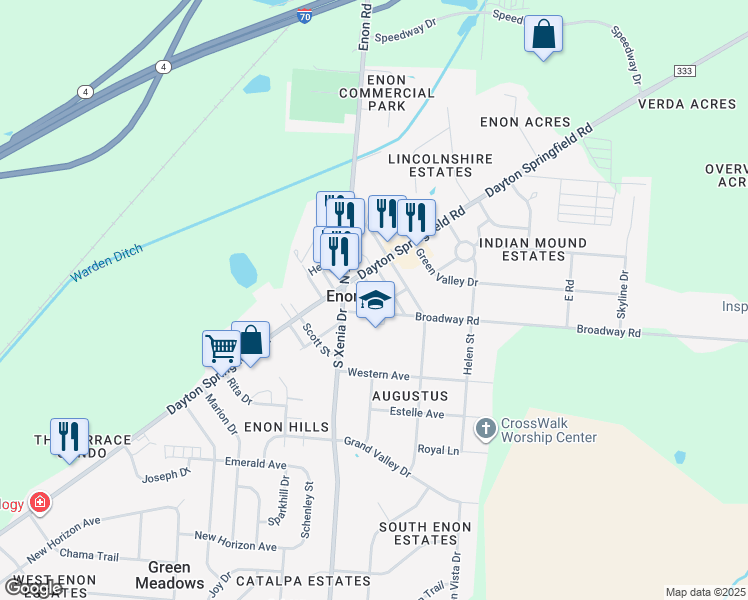 map of restaurants, bars, coffee shops, grocery stores, and more near 95 South Pleasant Street in Enon