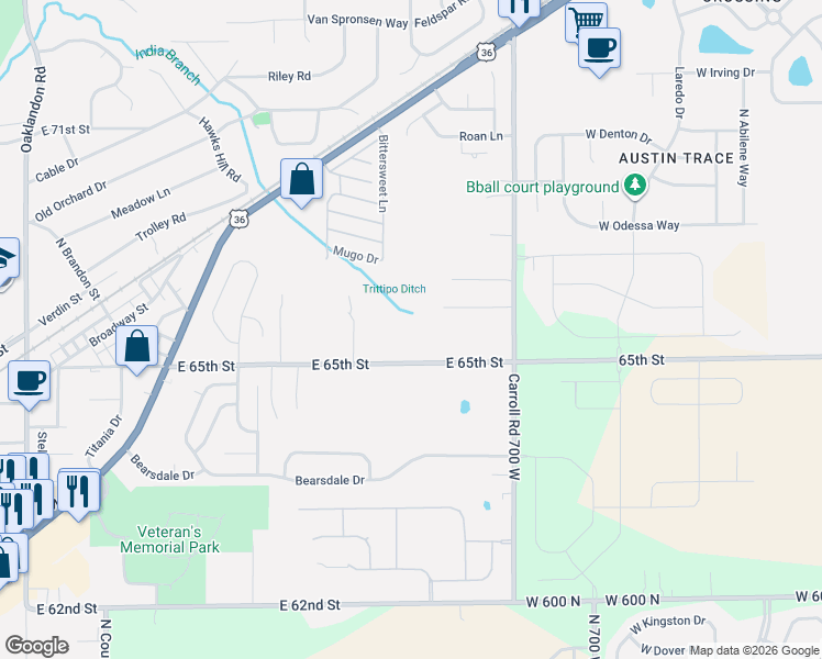 map of restaurants, bars, coffee shops, grocery stores, and more near 12534 East 65th Street in Indianapolis