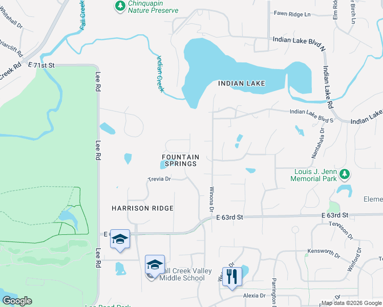 map of restaurants, bars, coffee shops, grocery stores, and more near 6545 Fountain Springs Boulevard in Indianapolis