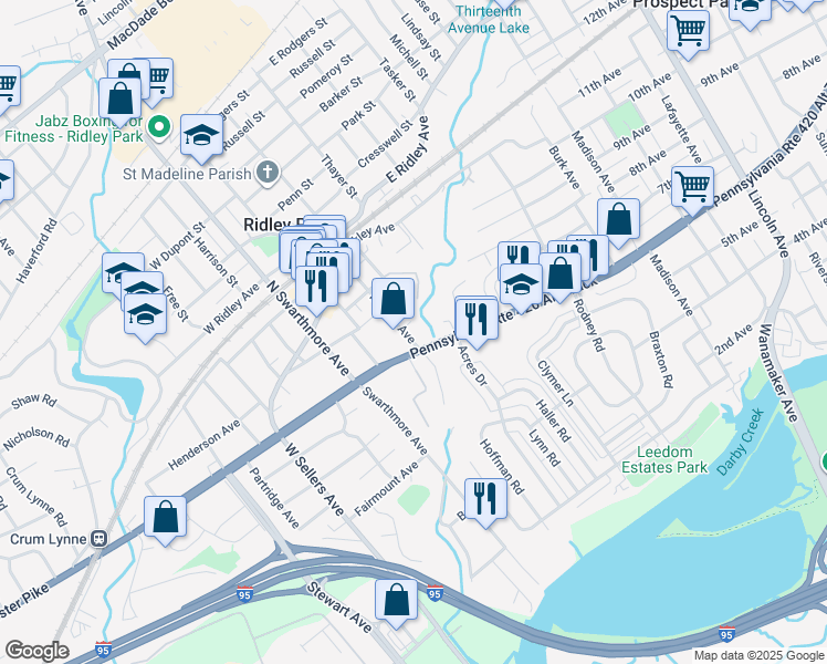 map of restaurants, bars, coffee shops, grocery stores, and more near in Ridley Park