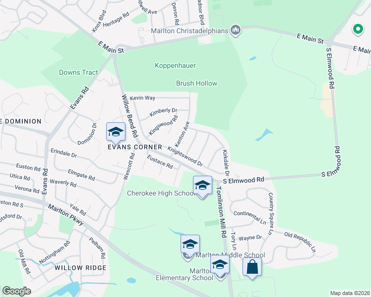map of restaurants, bars, coffee shops, grocery stores, and more near 42 Knightswood Drive in Evesham