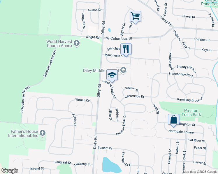 map of restaurants, bars, coffee shops, grocery stores, and more near 735 Preston Trails Drive in Pickerington