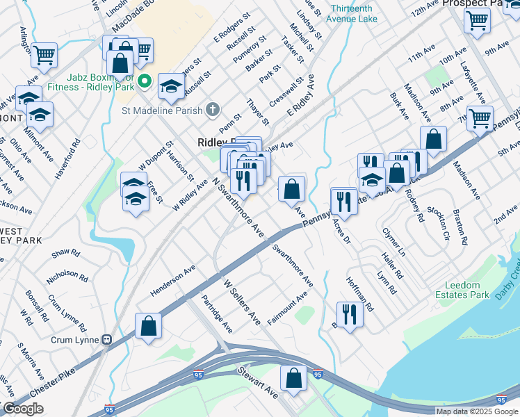 map of restaurants, bars, coffee shops, grocery stores, and more near 11 Felton Street in Ridley Park
