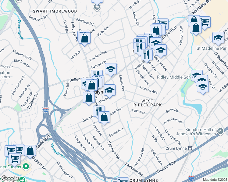 map of restaurants, bars, coffee shops, grocery stores, and more near in Woodlyn