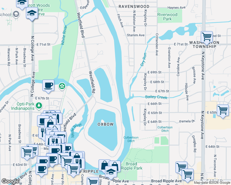 map of restaurants, bars, coffee shops, grocery stores, and more near 6640 Page Boulevard in Indianapolis