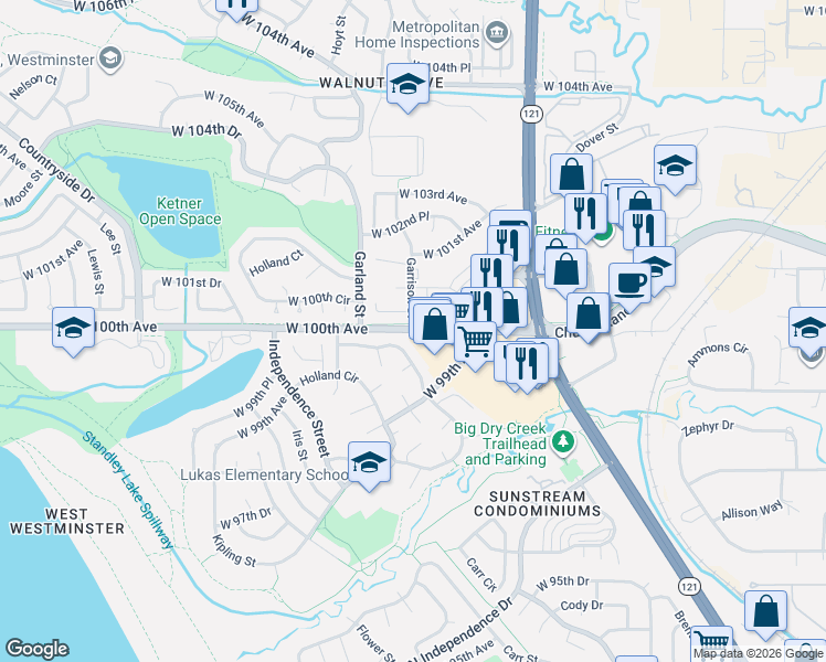 map of restaurants, bars, coffee shops, grocery stores, and more near 9198 West 100th Avenue in Westminster