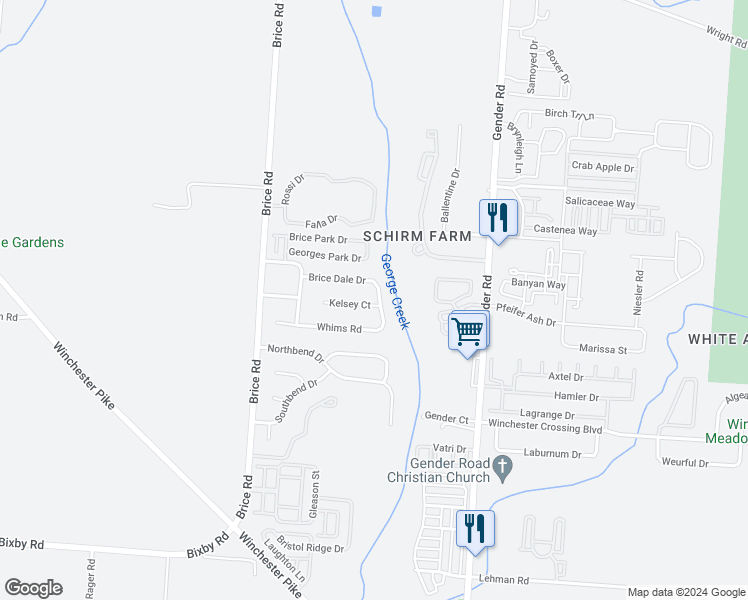 map of restaurants, bars, coffee shops, grocery stores, and more near 6476 Kelsey Court in Canal Winchester