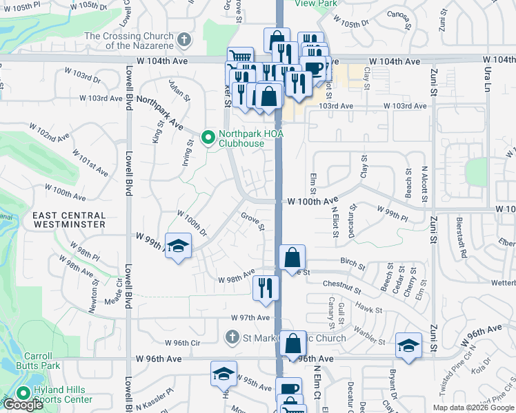 map of restaurants, bars, coffee shops, grocery stores, and more near 9971 Grove Street in Westminster