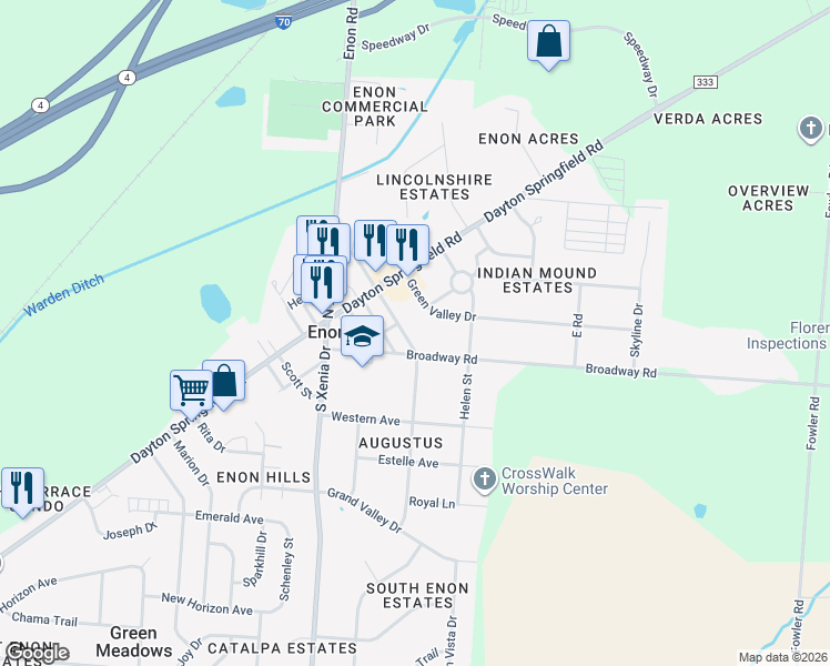 map of restaurants, bars, coffee shops, grocery stores, and more near 79 North Harrison Street in Enon
