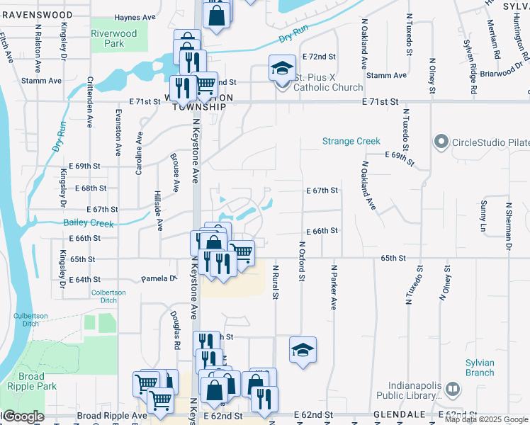 map of restaurants, bars, coffee shops, grocery stores, and more near 2717 Coldstream Lane in Indianapolis