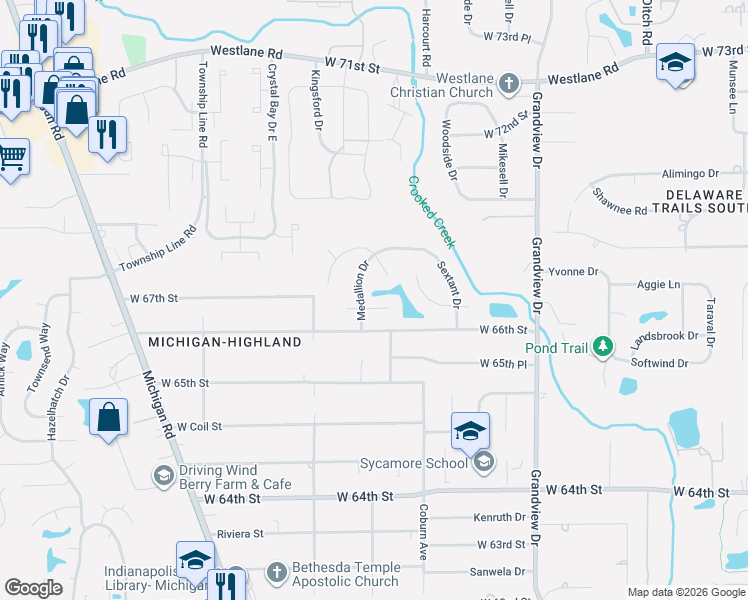 map of restaurants, bars, coffee shops, grocery stores, and more near 2031 Cycling Lane in Indianapolis