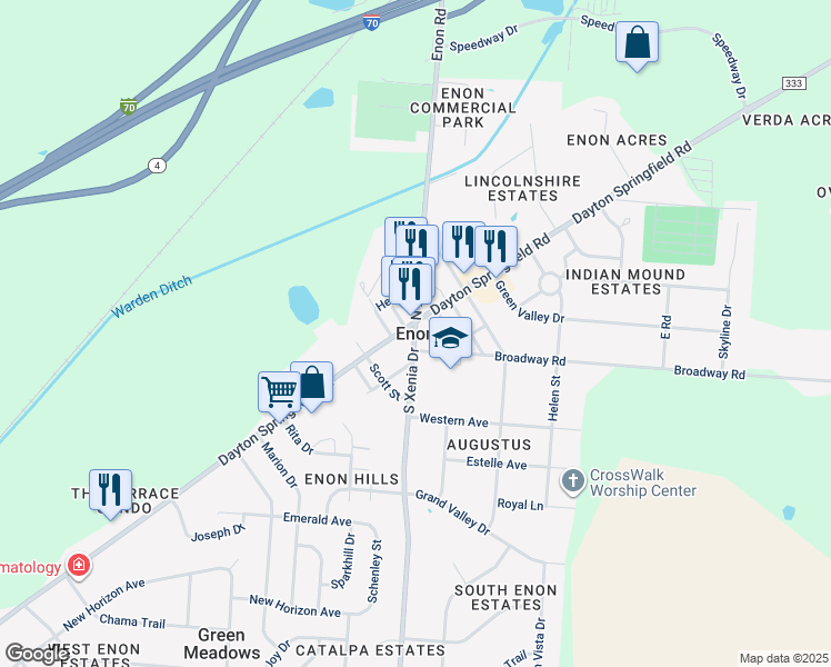 map of restaurants, bars, coffee shops, grocery stores, and more near in Enon